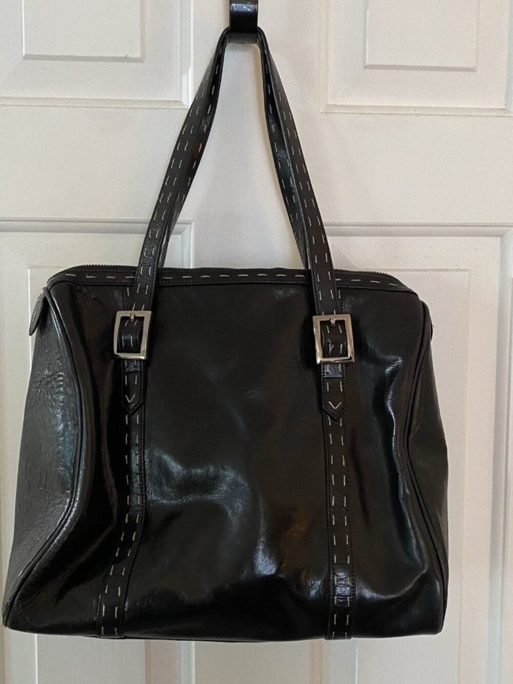 Vintage BCBG Max Azria Black Leather Tote Purse Large Satchel Bag Double Handles